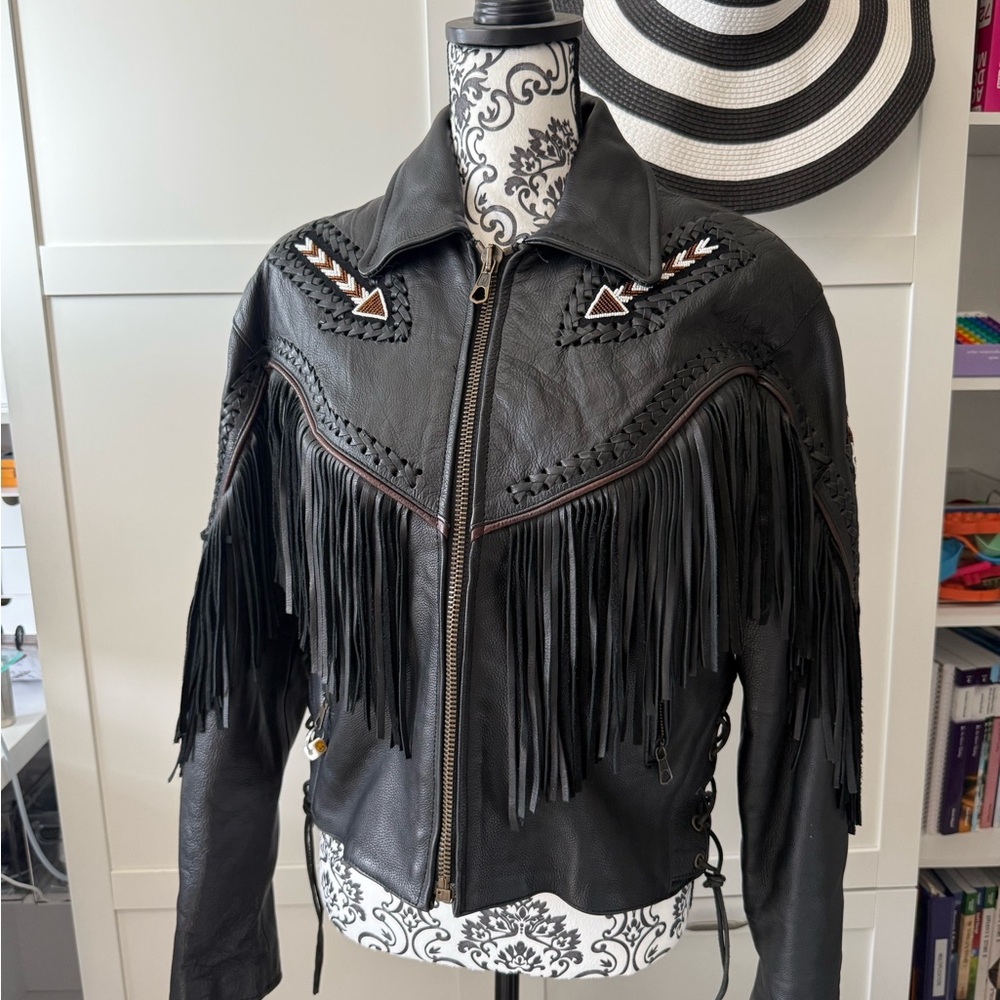 MAKE OFFER Black Leather Fringe Western Jacket with Embroidered Accents